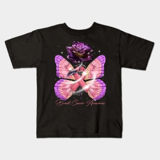 Butterfly Rose Breast Cancer Ribbon Awareness Kids T-Shirt